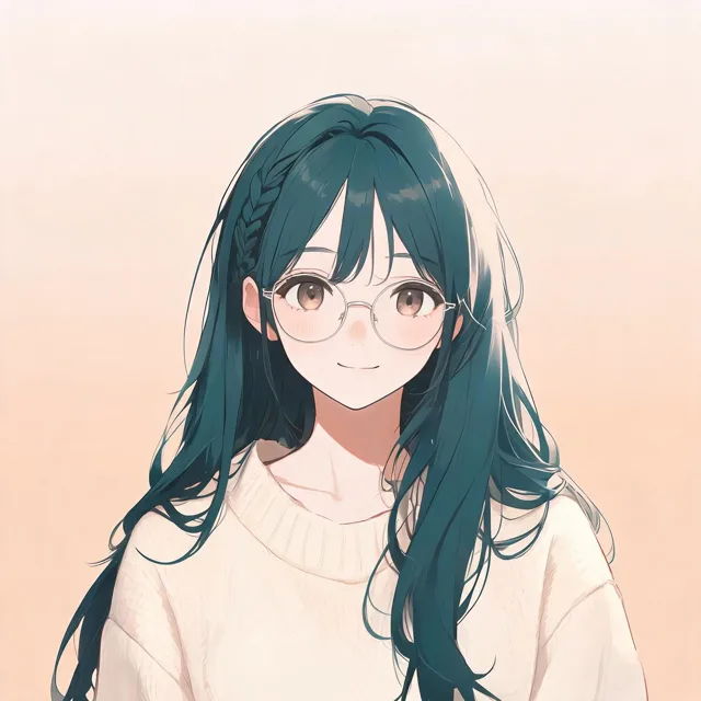 Anime avatar of a smiling young woman with long dark teal hair, a small braid and round glasses, wearing a cream knit sweater, centered on a soft peach gradient background.