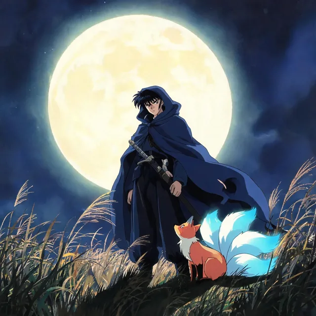 1990s cel animation style anime illustration of a young swordsman in a dark blue hooded cloak standing in tall grass under a huge full moon, a small fox spirit with glowing blue tails sitting at his feet.