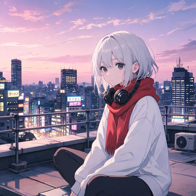 Modern anime illustration of a girl with short silver hair, a red scarf and headphones around her neck, sitting on a Tokyo rooftop at dusk with glowing city lights and neon signs below a pink and violet sky.