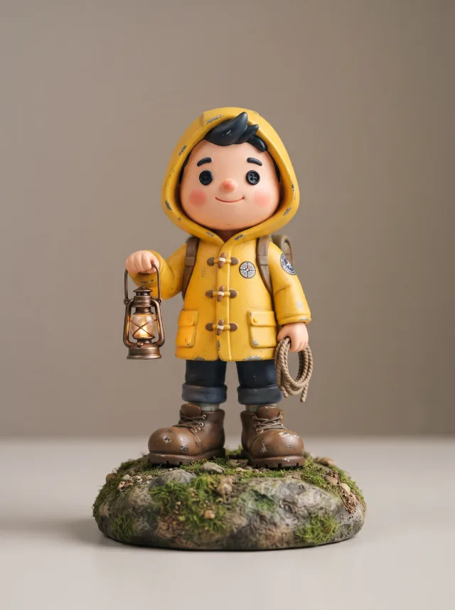 Collectible vinyl figurine of a tiny explorer in a yellow raincoat holding a lantern on a mossy base