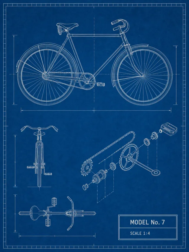 Blueprint poster of a vintage bicycle drawn in white lines on cyanotype blue with a titled block
