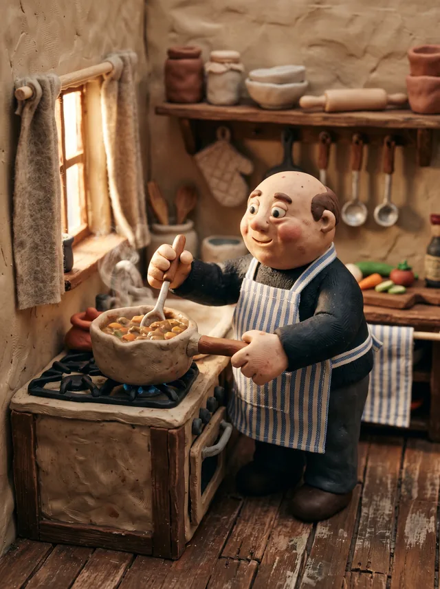 Claymation kitchen scene with a plasticine character in a striped apron stirring a pot on a handmade set