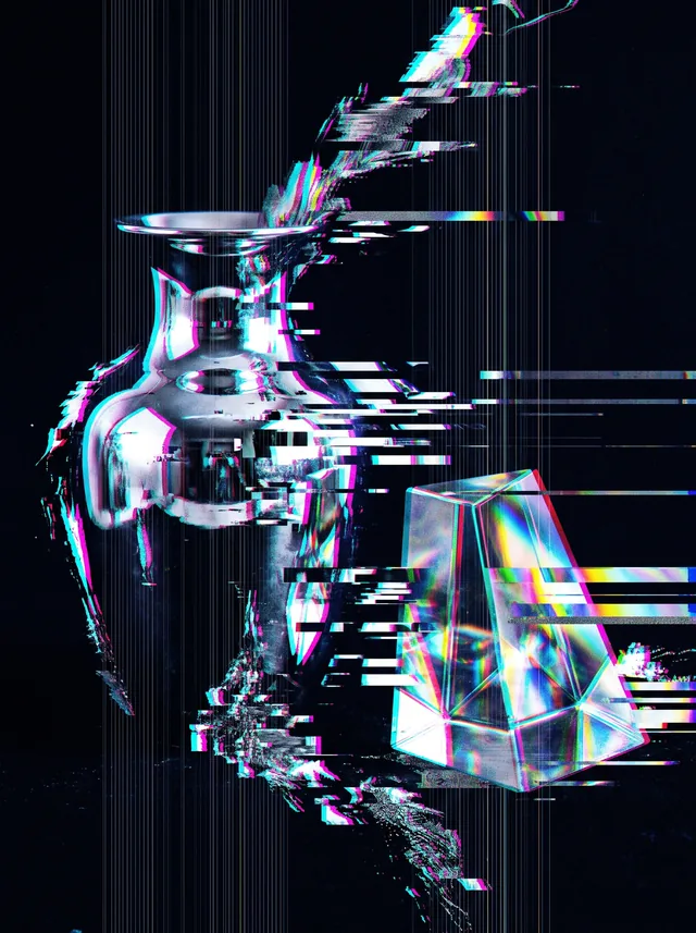 Chrome and glass still life fractured into glitch art with datamosh bands and split RGB channels