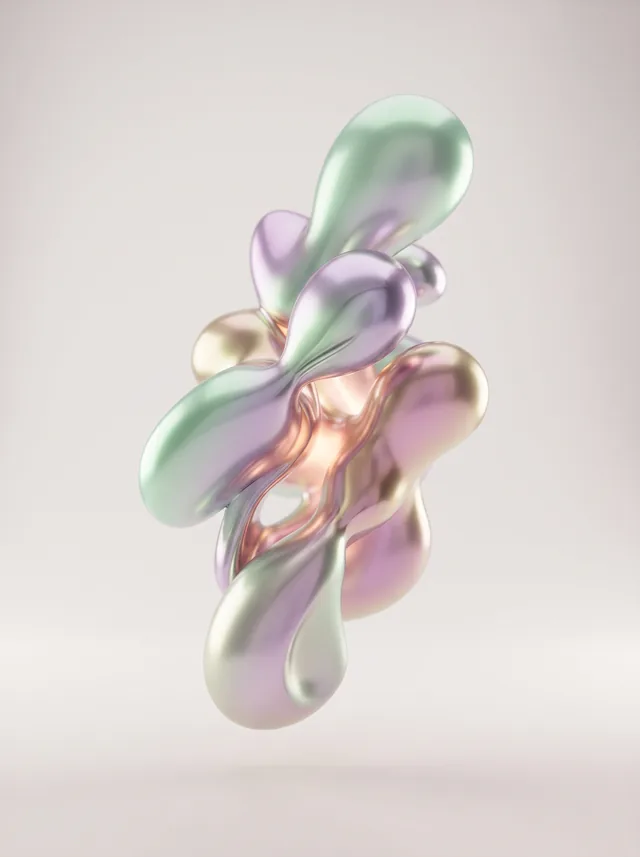 Iridescent chrome blob forms melting together above a pale backdrop in mint, lilac and rose