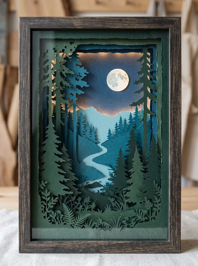 Layered papercut forest diorama in a shadow box with graded blue-green planes and a paper moon