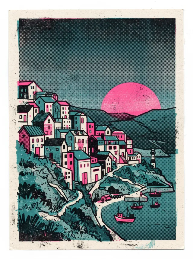 Risograph illustration of a hillside town at dusk in fluorescent pink, teal and black with misregistration