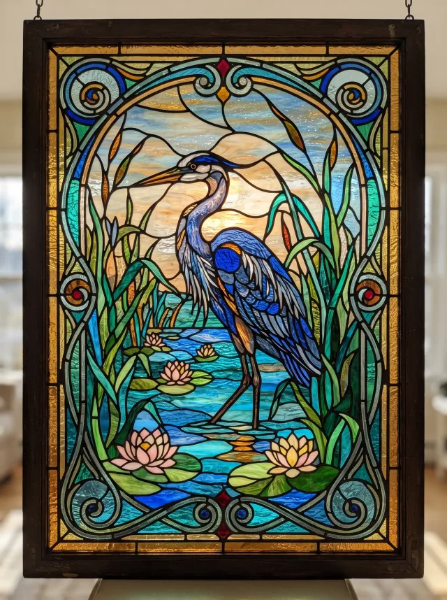 Backlit stained glass panel of a heron among reeds and lilies in cobalt, emerald and amber with black leading