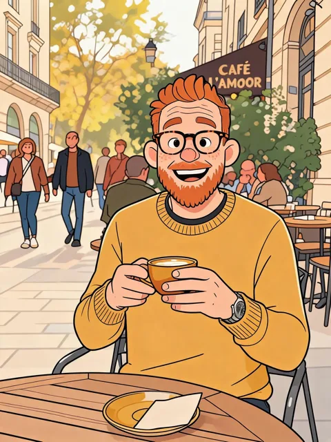 The same man turned into a 2D cartoon: bold black outlines, flat colours, a big grin and a rounder nose, with the ginger beard, glasses, freckles, mustard sweater, coffee cup and cafe street kept from the photo.