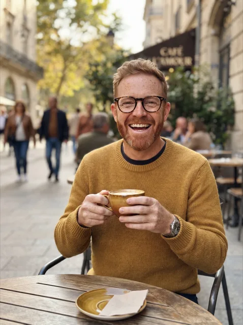 A realistic photo of a laughing man with a short ginger beard, freckles and tortoiseshell glasses in a mustard sweater, holding a coffee cup at an outdoor cafe table on a sunny city street.