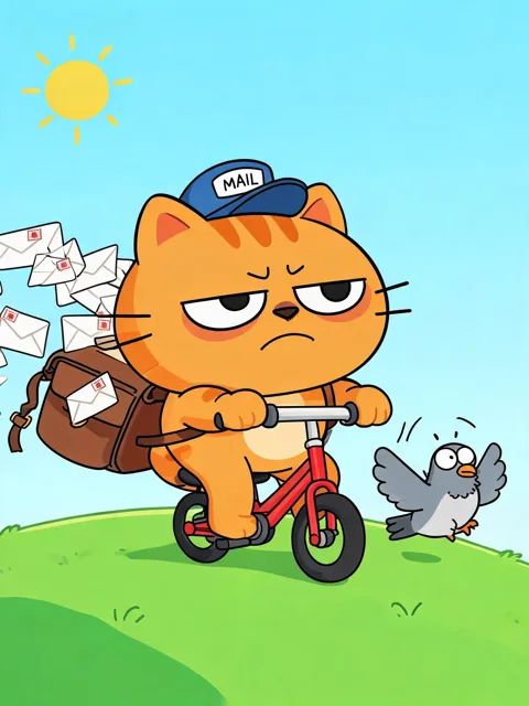 Original 2D cartoon illustration of a grumpy orange cat in a blue MAIL cap riding a small red bicycle over a green hill, envelopes flying out of his brown satchel and a startled grey pigeon flapping beside him under a bright sun.