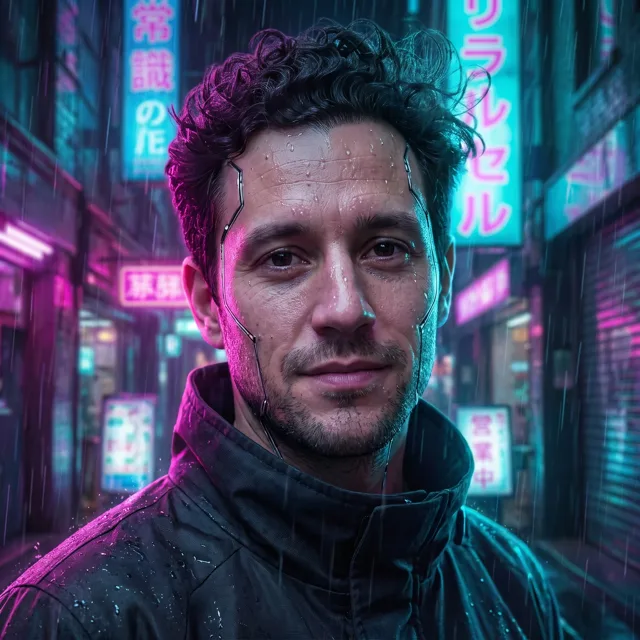 The same man as a cyberpunk portrait: magenta and cyan neon rim light, raindrops on his face, thin chrome implant lines running from his temples down to his jaw, a black high-collar jacket, and blurred neon signs with Japanese-style lettering in a rainy alley behind him.