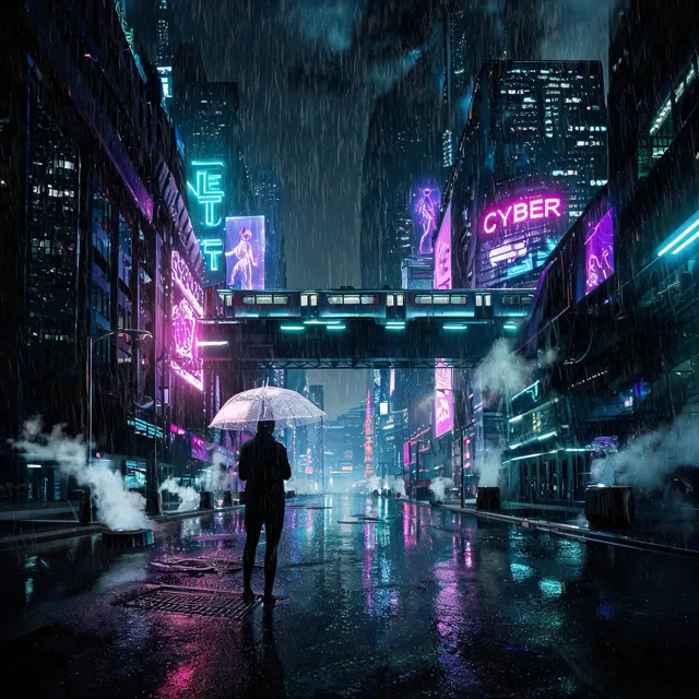 Cyberpunk AI art of a rainy neon city street at night: an elevated train crossing between skyscrapers, magenta and cyan signs including one that reads CYBER, holographic figures on billboards, steam rising from street vents and a lone figure with a transparent umbrella on the wet, reflective road.