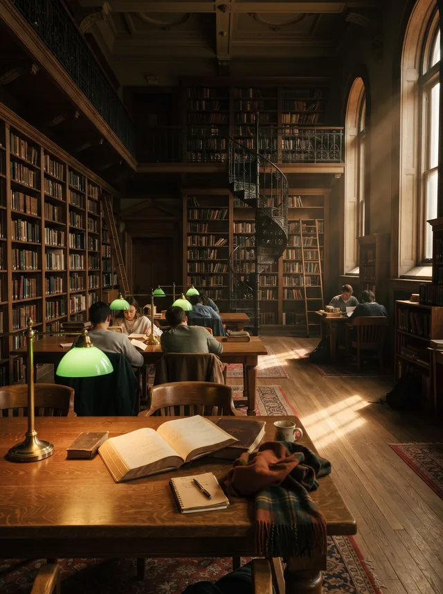 Grand university reading room with oak tables, green banker's lamps, tall shelves and arched windows