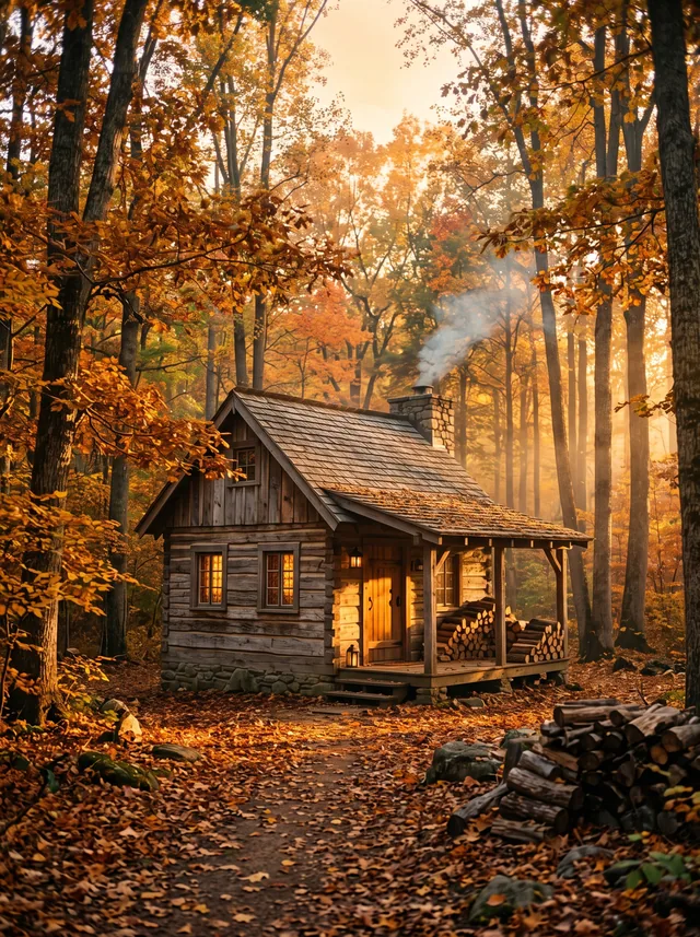 Timber cabin in an autumn forest clearing at golden hour with chimney smoke and copper maples