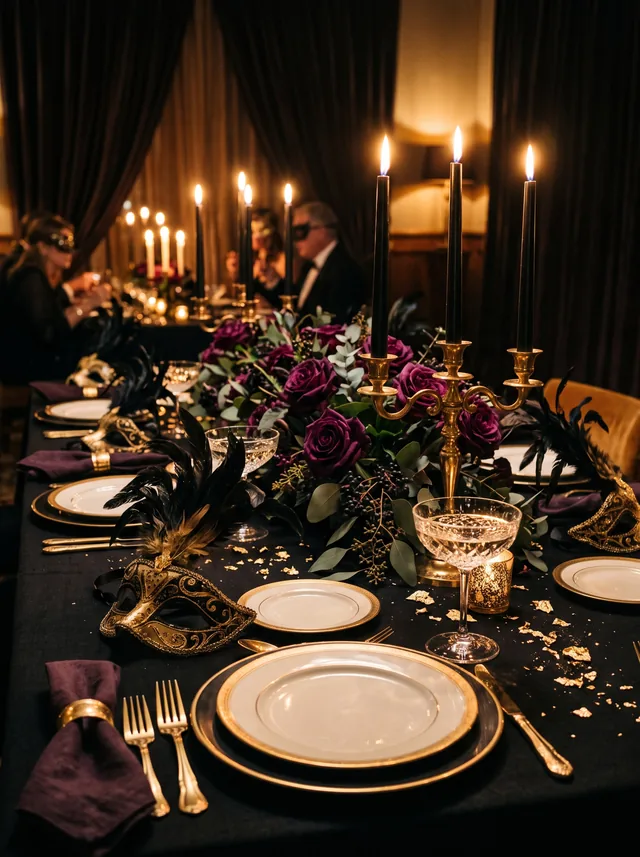 Masquerade table with black cloth, gold-rimmed plates, feathered venetian masks, tapers and plum roses