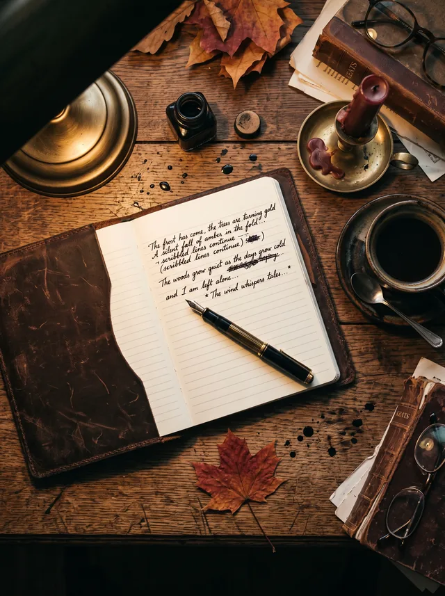 Overhead view of a poet's desk with an open leather journal, fountain pen, pressed leaf and black coffee