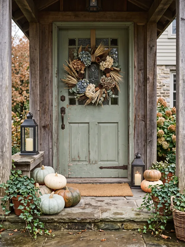 Autumn porch with a sage door, heirloom pumpkins on the steps, a dried wreath and lanterns