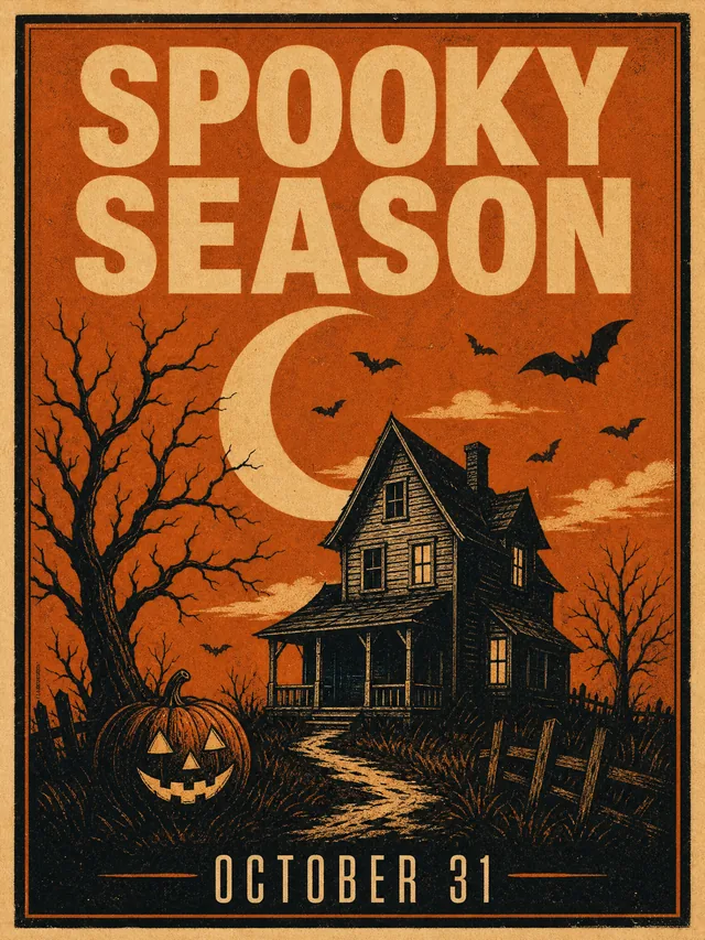 Vintage halloween screen-print poster with a crescent moon, farmhouse and bats reading Spooky Season