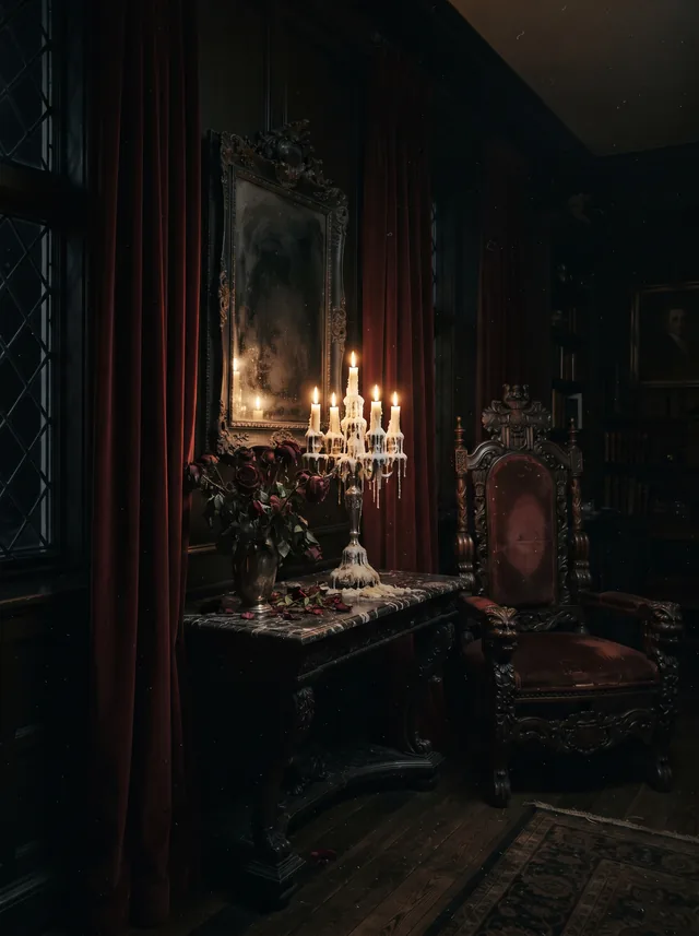 Candlelit gothic drawing room with oxblood velvet drapes, a silver candelabra and dark roses on marble