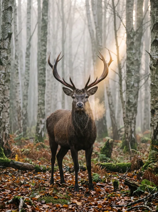 Red deer with visible breath standing in a misty autumn birch forest lit by low morning sun