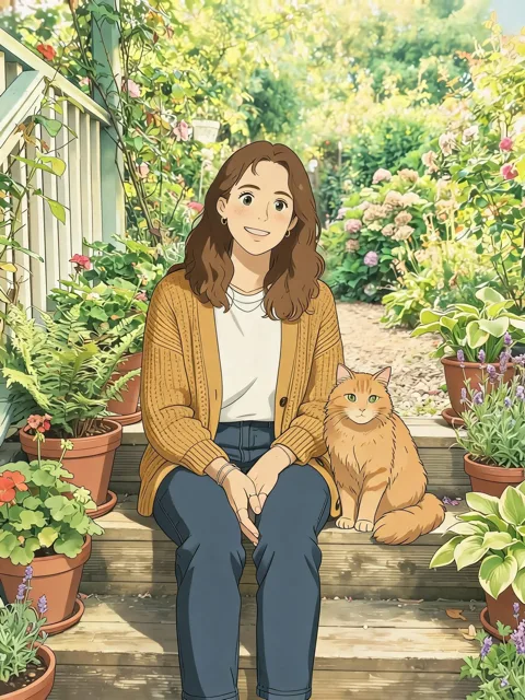 The same photo turned into Ghibli style art: the woman and the ginger cat redrawn with soft hand-painted colours, simple linework and a painterly flower garden, pose and outfit kept from the photo.