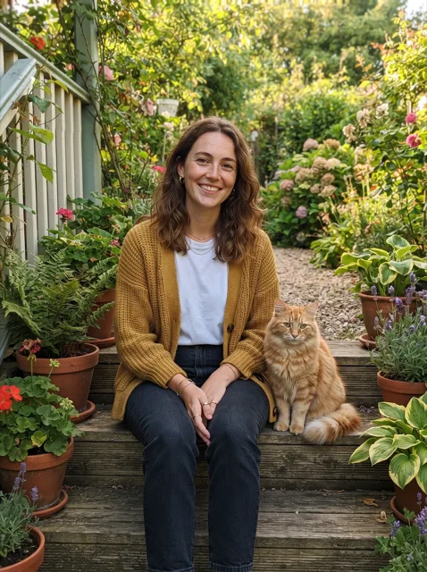 A realistic daylight photo of a smiling young woman with wavy brown hair and freckles in a mustard cardigan, sitting on wooden garden steps next to a fluffy ginger cat, surrounded by potted plants and flowers.