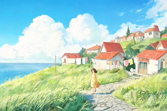 Ghibli style AI illustration of a hillside village above the sea: red-tiled white cottages with laundry on lines, a girl in a yellow dress carrying a basket along a stone path through tall windblown grass, huge white clouds in a bright blue sky.