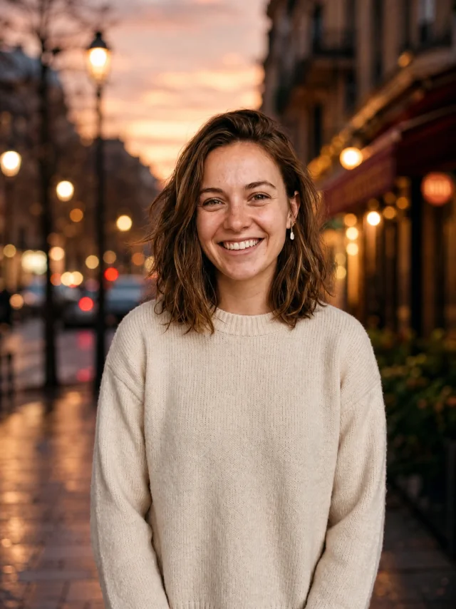 Portrait of a woman with her original pose and hair detail kept intact, but the plain studio wall behind her replaced with a blurred city street at dusk with warm bokeh lights
