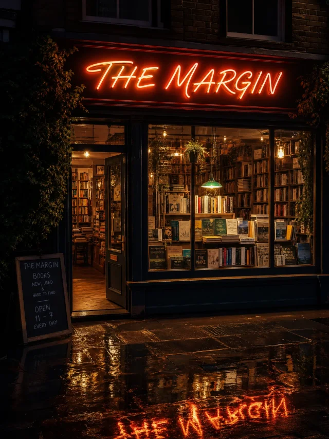 Cosy bookshop storefront at night with a correctly spelled neon sign reading THE MARGIN in flowing script, glowing and reflecting on the wet pavement