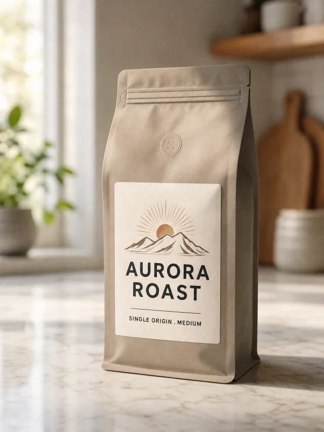 Matte coffee bag on a pale marble counter with a legible AURORA ROAST label reading SINGLE ORIGIN MEDIUM underneath, soft morning light