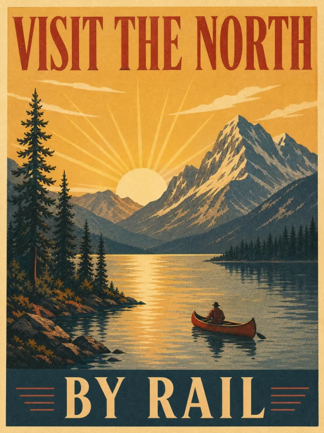 Vintage 1960s-style screen-print travel poster of a mountain lake at sunrise with a lone canoe, headlined VISIT THE NORTH and BY RAIL in a retro serif