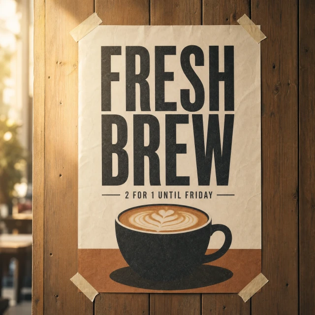 A cream colored poster taped by its four corners to a wooden wall, lit by warm side light. Bold black letters spell "FRESH BREW" above a smaller line reading "2 FOR 1 UNTIL FRIDAY," with an illustrated cup of latte art printed below the text.