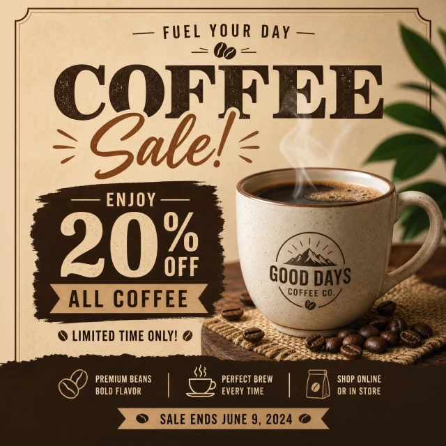 A vintage style cafe poster with a stamped headline "Fuel Your Day" and a large "Coffee Sale!" in dark serif and brown script. A dark banner reads "Enjoy 20% off all coffee" over a "Limited Time Only!" ribbon, next to a steaming mug labeled "Good Days Coffee Co." and a scatter of coffee beans. A bottom bar adds icons for "Premium Beans Bold Flavor," "Perfect Brew Every Time," and "Shop Online or In Store," and a ribbon reads "Sale Ends June 9, 2024."