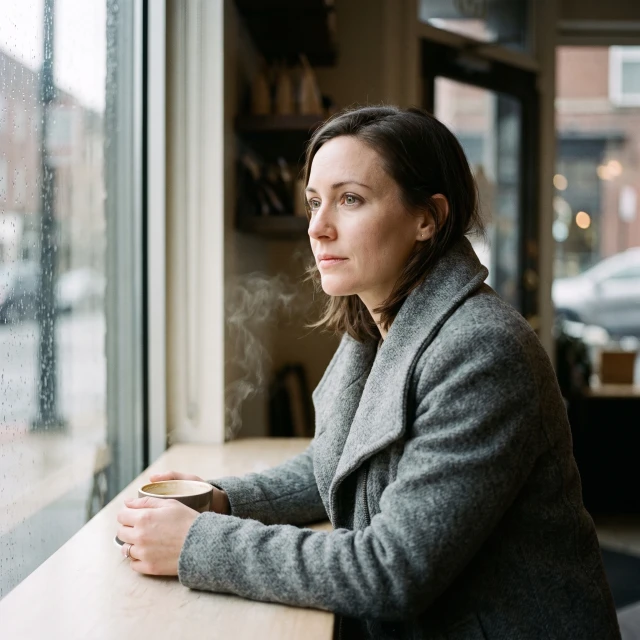 A close portrait of a woman in her thirties at a rain streaked cafe window, lit from the left. She wears a grey wool coat and holds a ceramic mug with steam rising from it, her gaze turned toward the window in soft focus with sharp detail on her eyes.