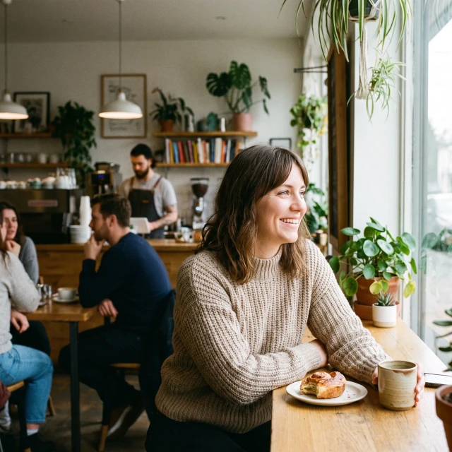 A wide shot inside a plant filled cafe. A smiling woman in a knit sweater leans on a window counter with a pastry and a mug in front of her, while two other customers and a barista at the espresso machine are visible in the background.