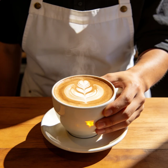 Close-up of a barista in a white apron reaching one hand across a wooden counter to hold a latte art cappuccino by its handle. Only that one hand and its arm are visible in frame, the other hand is nowhere to be seen.
