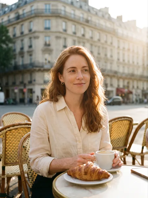 AI photo for Instagram of the same woman in a cream linen shirt at a marble table on a Paris cafe terrace at golden hour, holding a coffee cup with a croissant in front of her, wicker chairs and Haussmann buildings behind her.