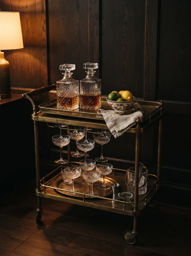 Antique brass bar cart with cut-crystal decanters and coupe glasses against a dark panelled wall