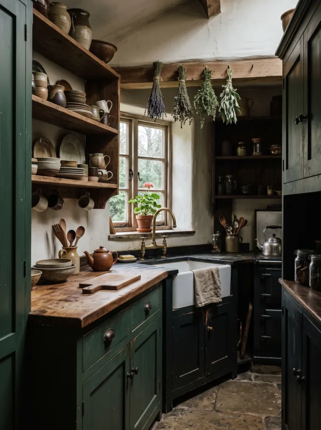 Moody cottage kitchen in deep forest green with butcher-block counters, brass tap and hanging dried herbs