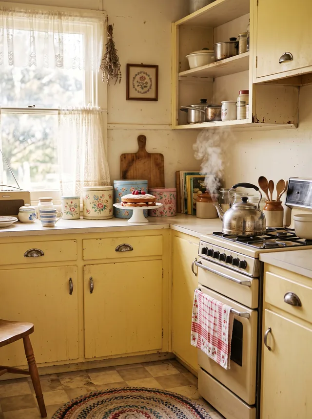 Nostalgic butter yellow kitchen with painted cabinets, floral tins, a cake stand and lace-edged curtains