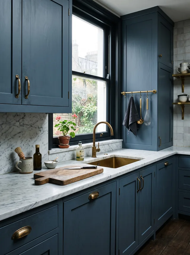 Deep slate blue kitchen with ceiling-height cabinets, honed marble counters and patinated brass hardware