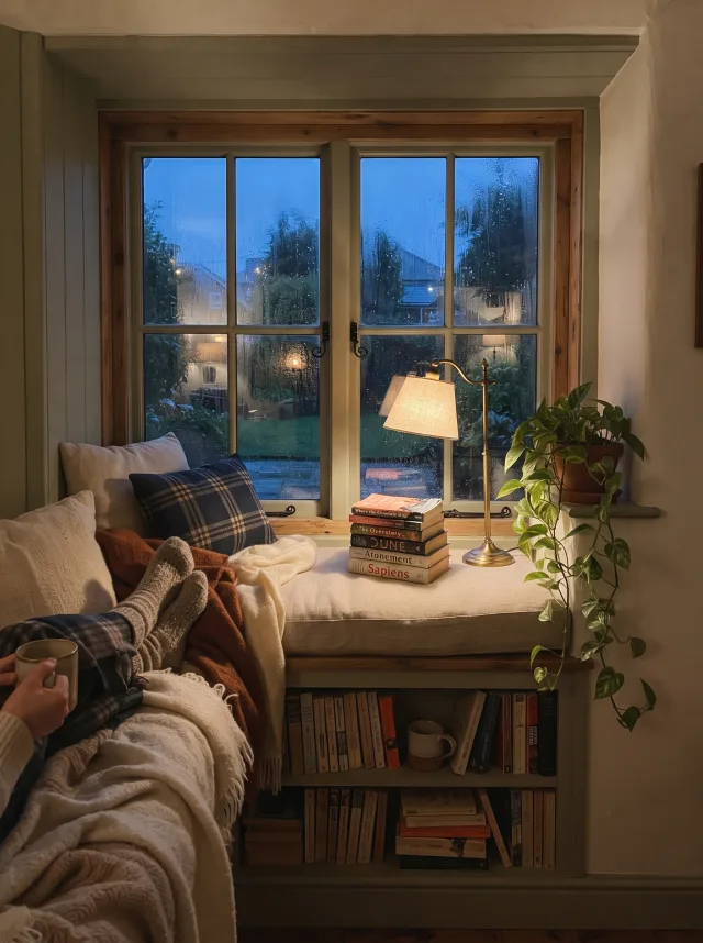 Built-in window seat reading nook with linen cushions, wool throws, stacked books and a brass lamp at dusk