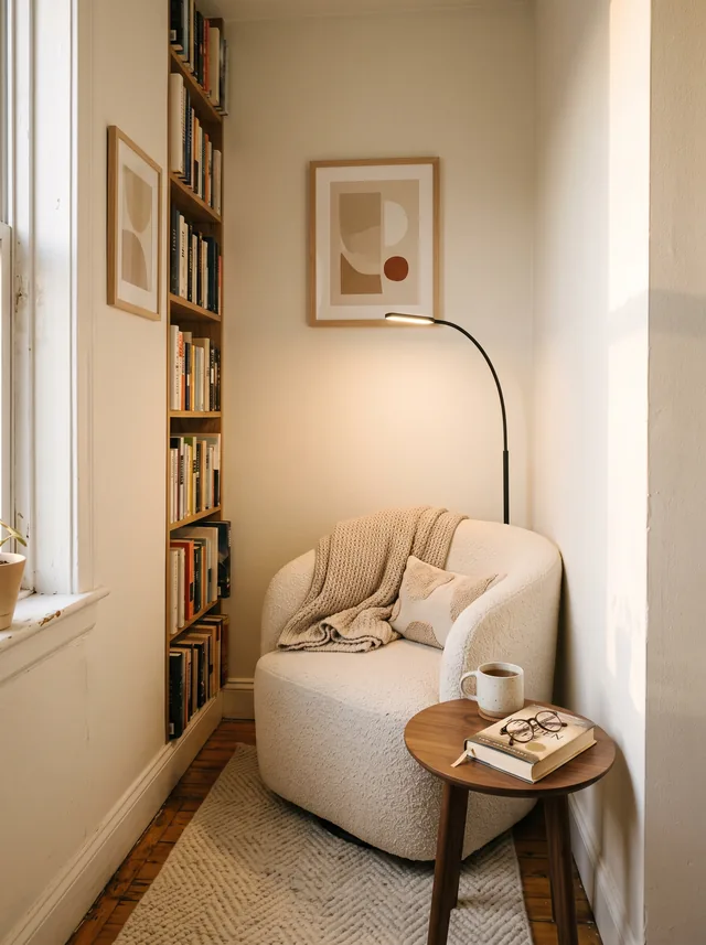 Compact reading corner in a narrow alcove with a cream boucle armchair, arc lamp and slim bookshelf