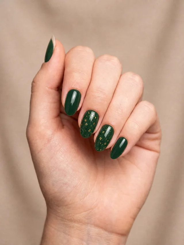 Ongles vert sapin profond parsemés de fines paillettes de feuille d'or sur deux des ongles