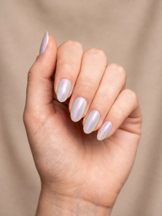 Ongles à finition chrome nacrée virant du rose au lilas et au menthe sur une base laiteuse