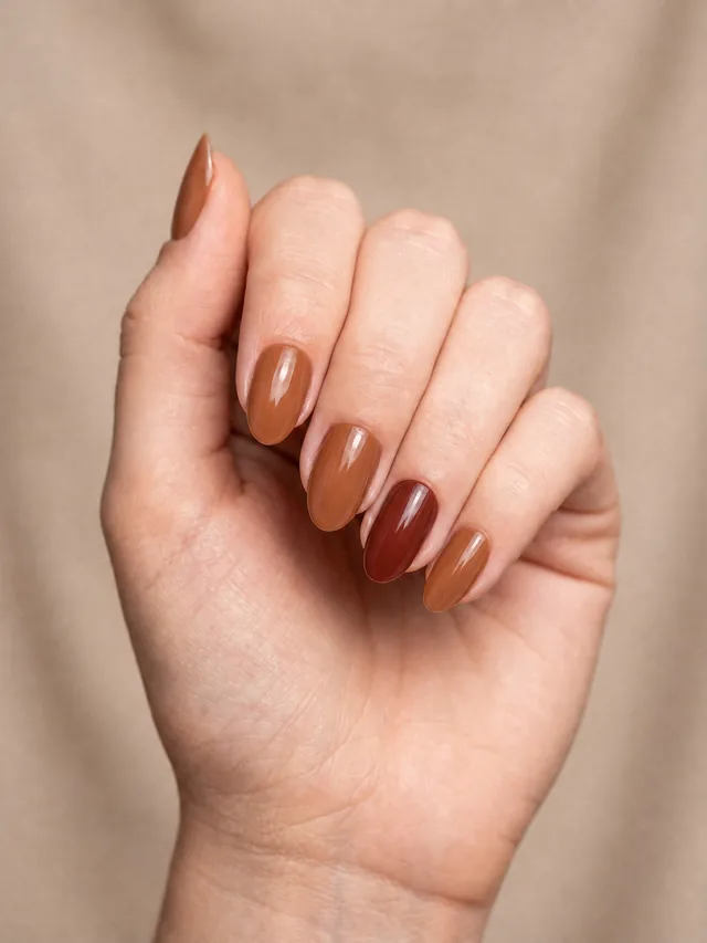 Ongles vernis d'un brun caramel brillant avec un ongle d'accent dans une teinte cannelle plus profonde