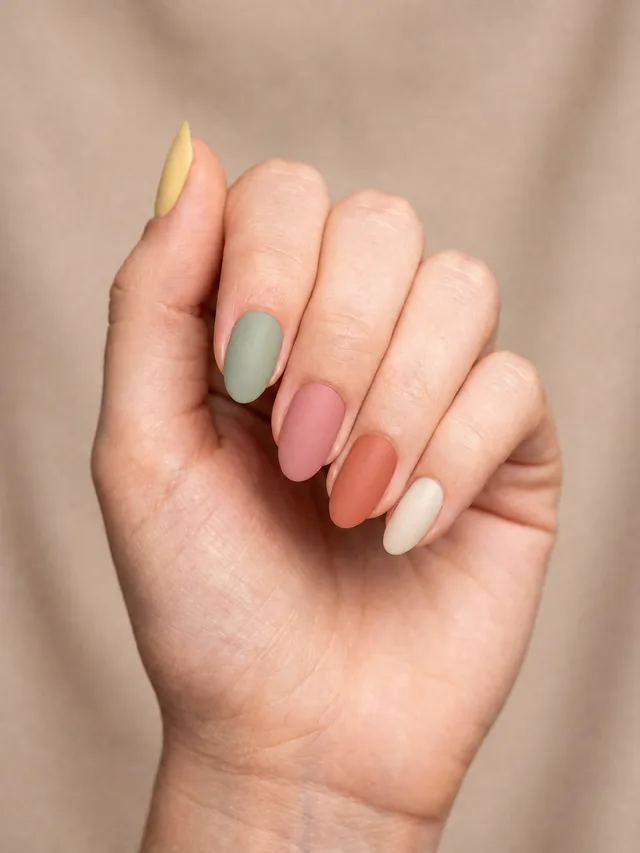 Ongles peints chacun d'une couleur différente dans une palette de jaune beurre, sauge, rose poudré, terracotta et crème