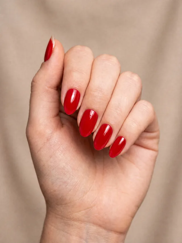 Ongles d'un rouge cerise saturé avec une finition ultra-brillante effet mouillé