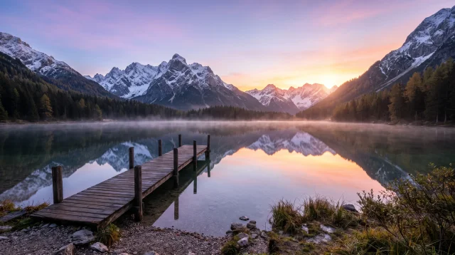 Serene alpine lake at dawn mirroring snow-capped peaks under a lilac-to-gold sky, thin mist over the water and a wooden jetty in the foreground