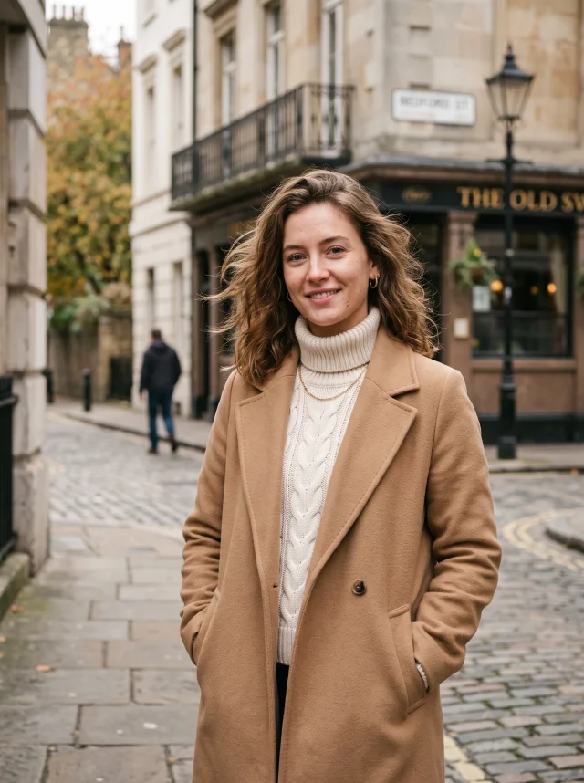 Editorial daylight portrait of a woman in a camel wool coat and cream knit on a quiet European street corner, wind lifting her hair, soft overcast light